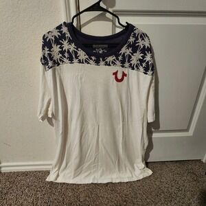 True Religion Mens XXXL Graphic T Shirt Palm Tree Logo World Tour White Blue